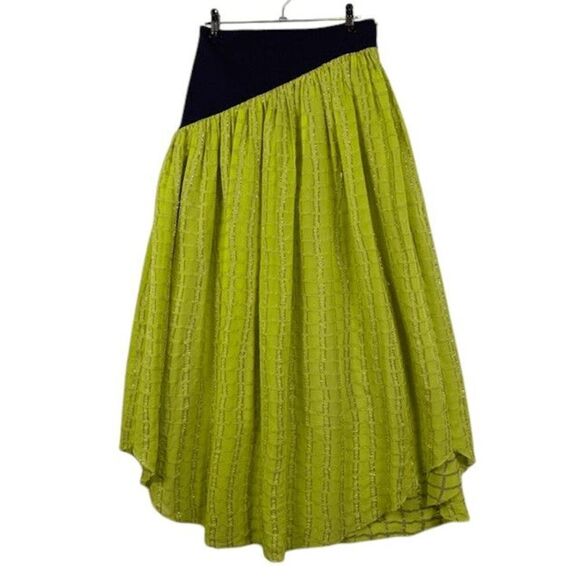 Tory Burch Colorblock Chiffon Skirt Lime with Silver Metallic Detail Size 4 - Picture 3 of 14